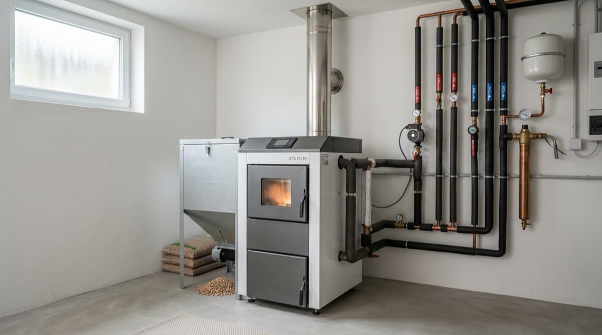 Modernus granulinis katilas švarioje katilinėje su kuro bunkeriu